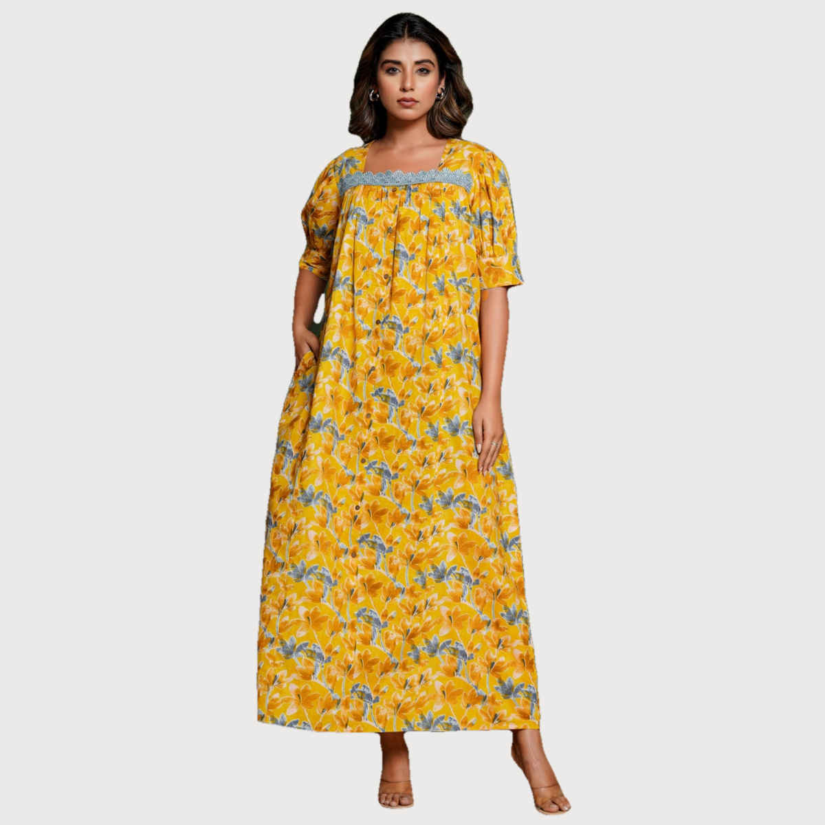 Nihsamah Women's Cotton Lace Nighty | Full Length | Mustard - M
