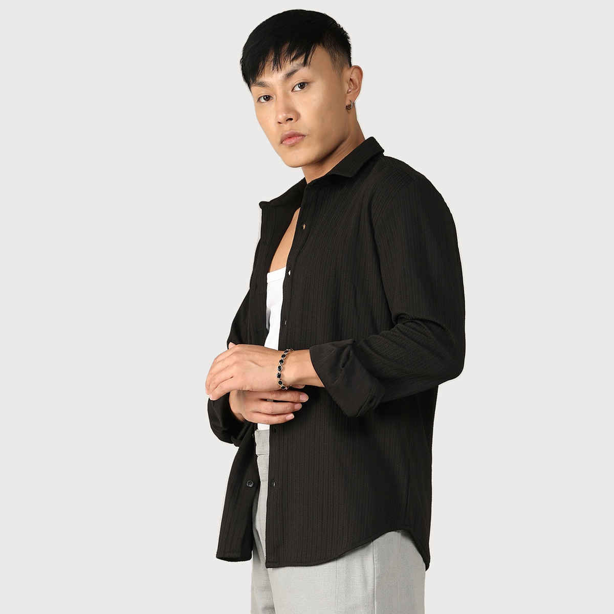 Campus Sutra Men's Stripe - Creased Shirt | Black - S