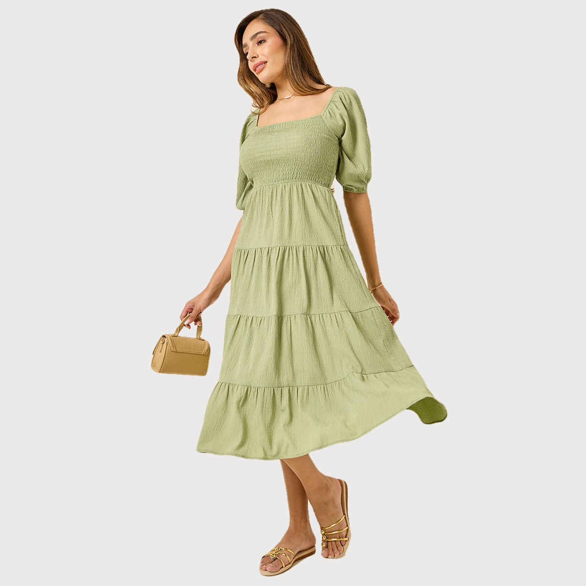 Styli Women's Smocked Midi Length Dress with Puff Sleeves | Green - L