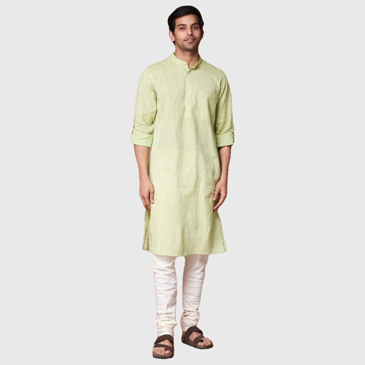 Fabindia Men's Long Kurta Slim Fit Dobby | Light Green - S