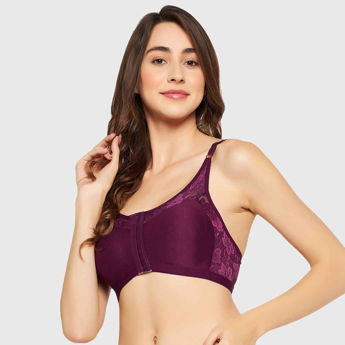 Clovia Women Non-Padded Non-Wired Spacer Cup Front Open Figure Bra - Cotton Rich | Purple | 32B