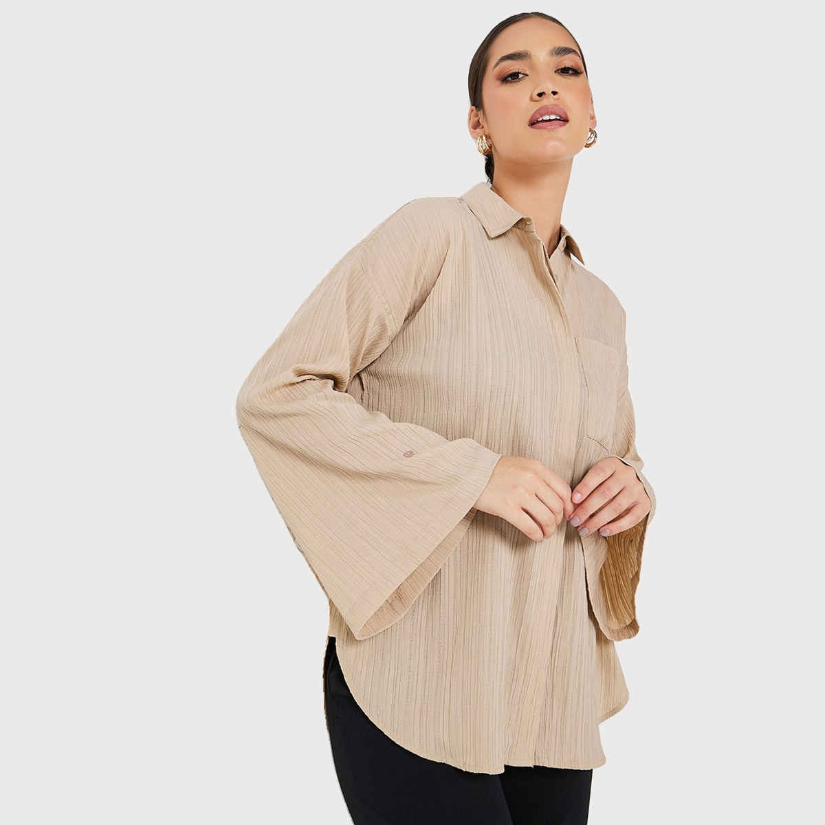 Styli Women's Longline Shirt with Drop Shoulder, Oversized Fit and Crepe Fabric | Beige - S
