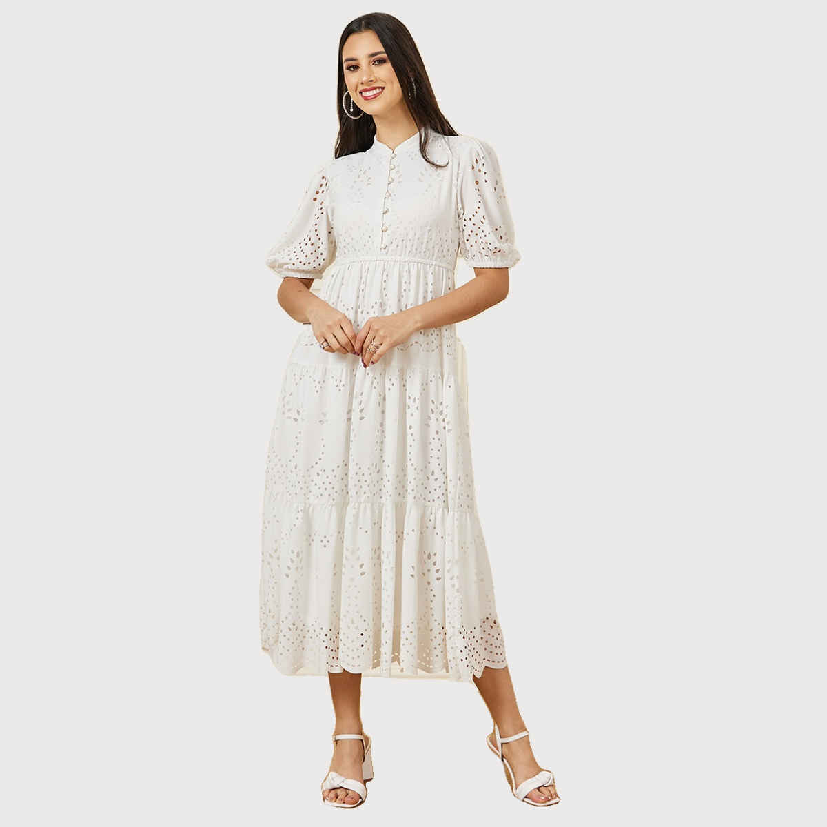Styli Women's Tiered Midi Dress with Collared Neck and Self Design | Off White - S