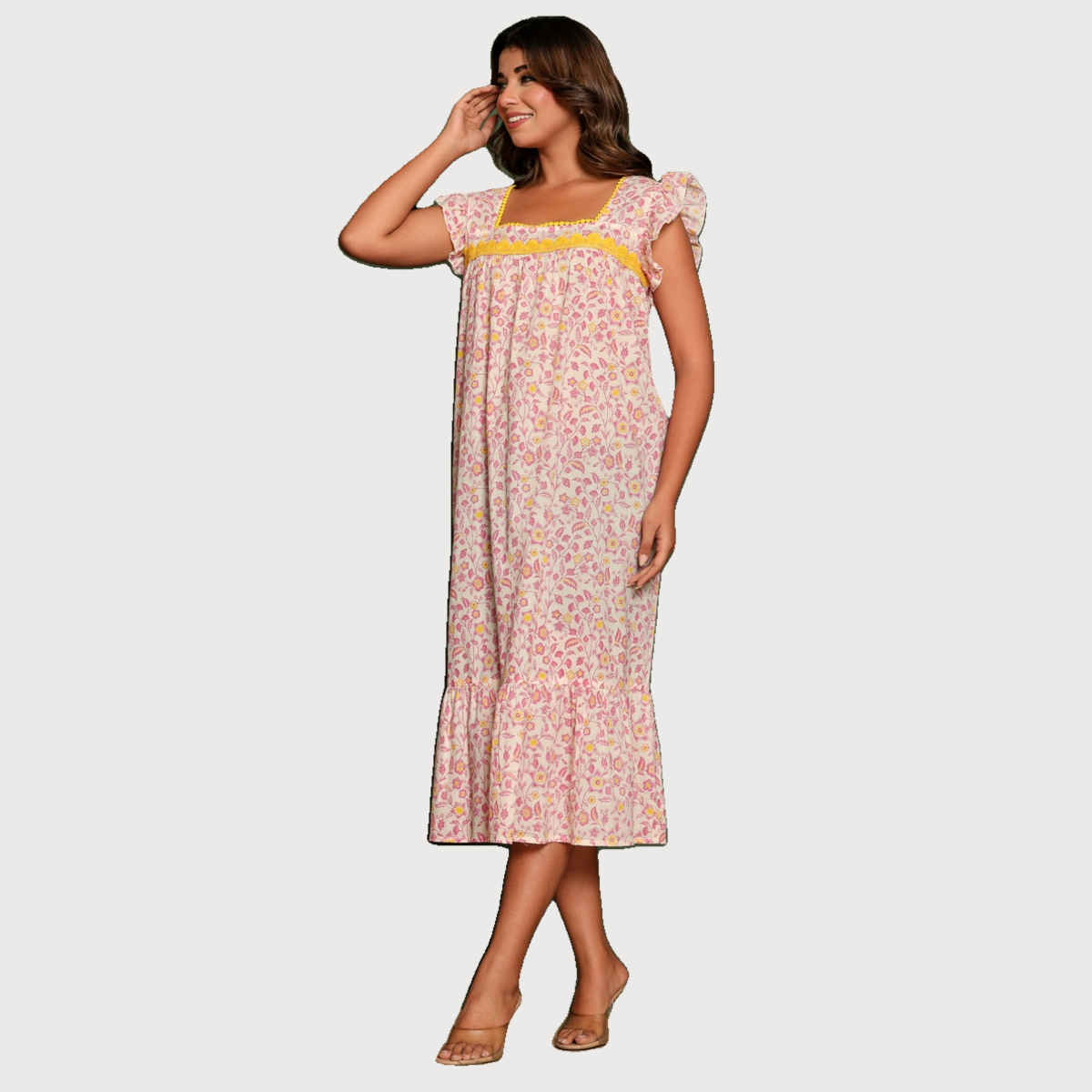 Nihsamah Women's Cotton Floral Printed Midi Frock Nighty | Midi Length | Off White - XL