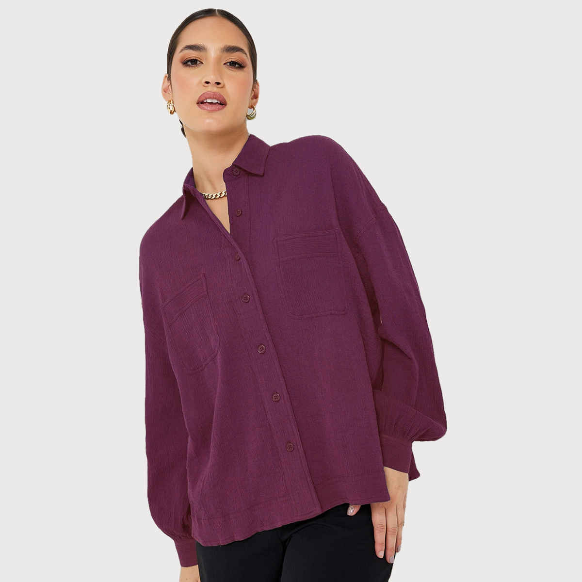 Styli Women's Oversized Shirt with Drop Shoulder, Crepe Fabric and Patch Pocket | Purple - S