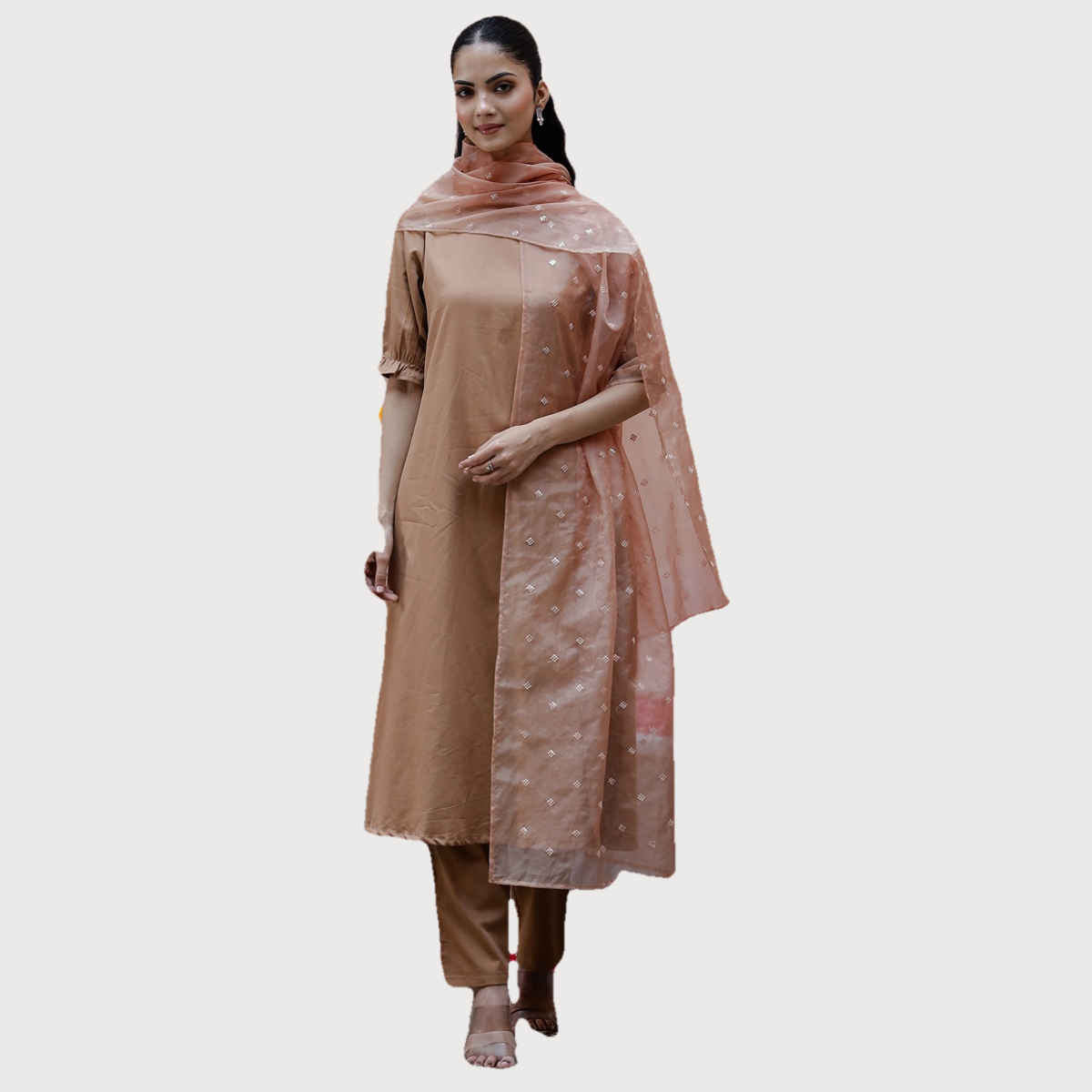 Rangdeep Square Neck Puffed Sleeves Sequinned Straight Kurta, Trousers & Dupatta Women | Brown | M