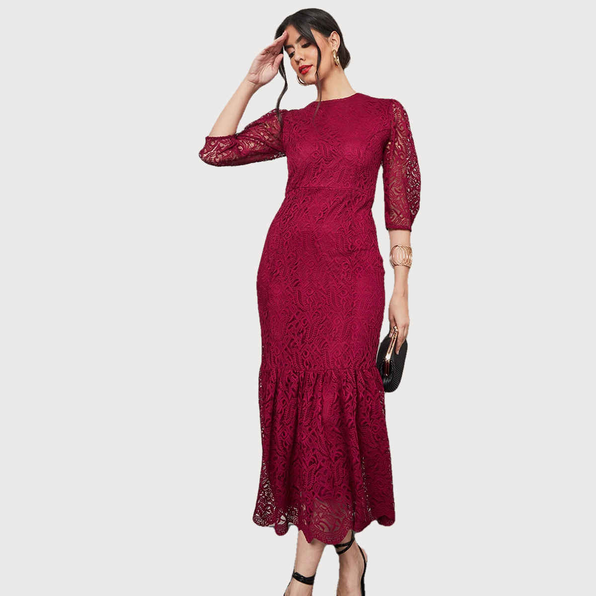 Styli Women's Bodycon Midi Dress with Lace Insert, Frill Hem and 3/4 Sleeves | Pink - XL