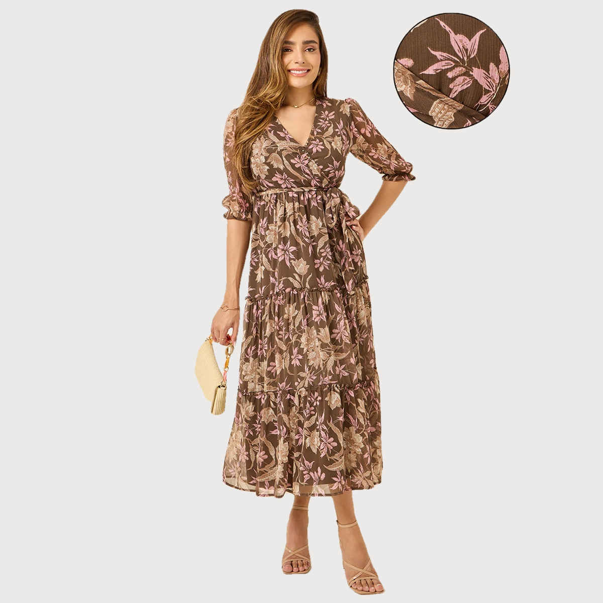 Styli Women's Wrap Maxi Dress with Frill Detail | Brown - L