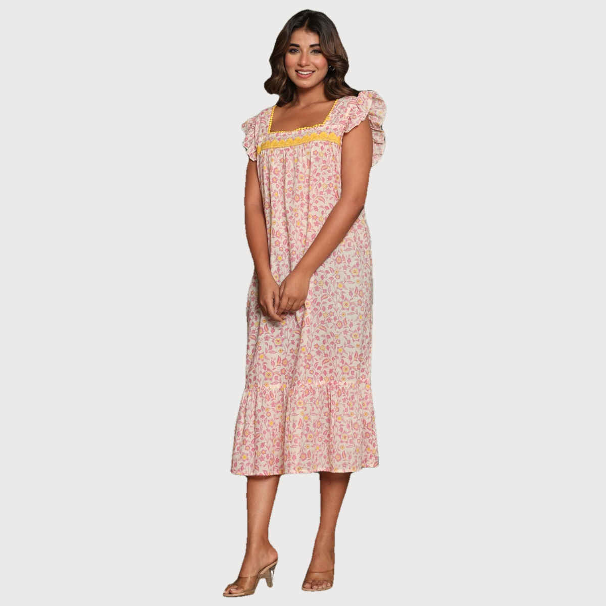 Nihsamah Women's Cotton Floral Printed Midi Frock Nighty | Midi Length | Off White - L