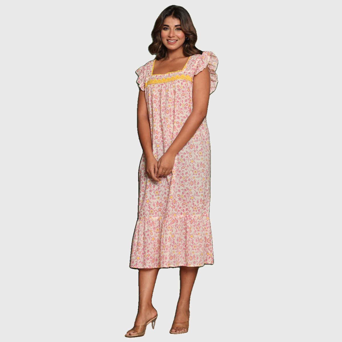 Nihsamah Women's Cotton Floral Printed Midi Frock Nighty | Midi Length | Off White - XL