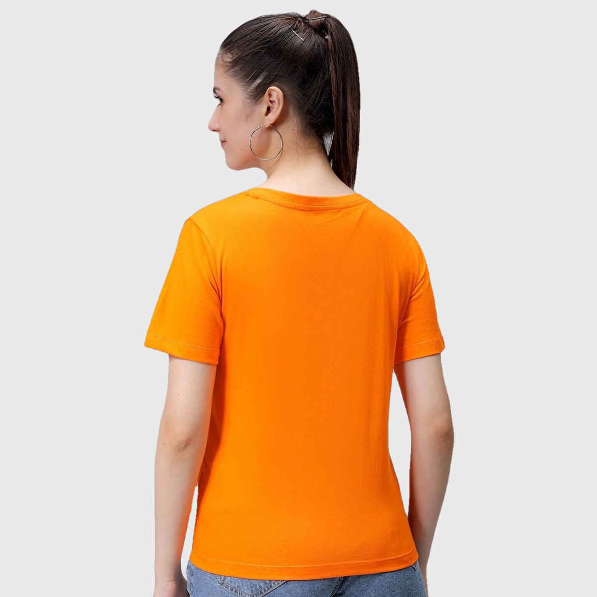Freehand Women's Regular Solid Casual V-Neck T-shirt | 0424-Zfhvntee2-03 | Neon Orange - XL