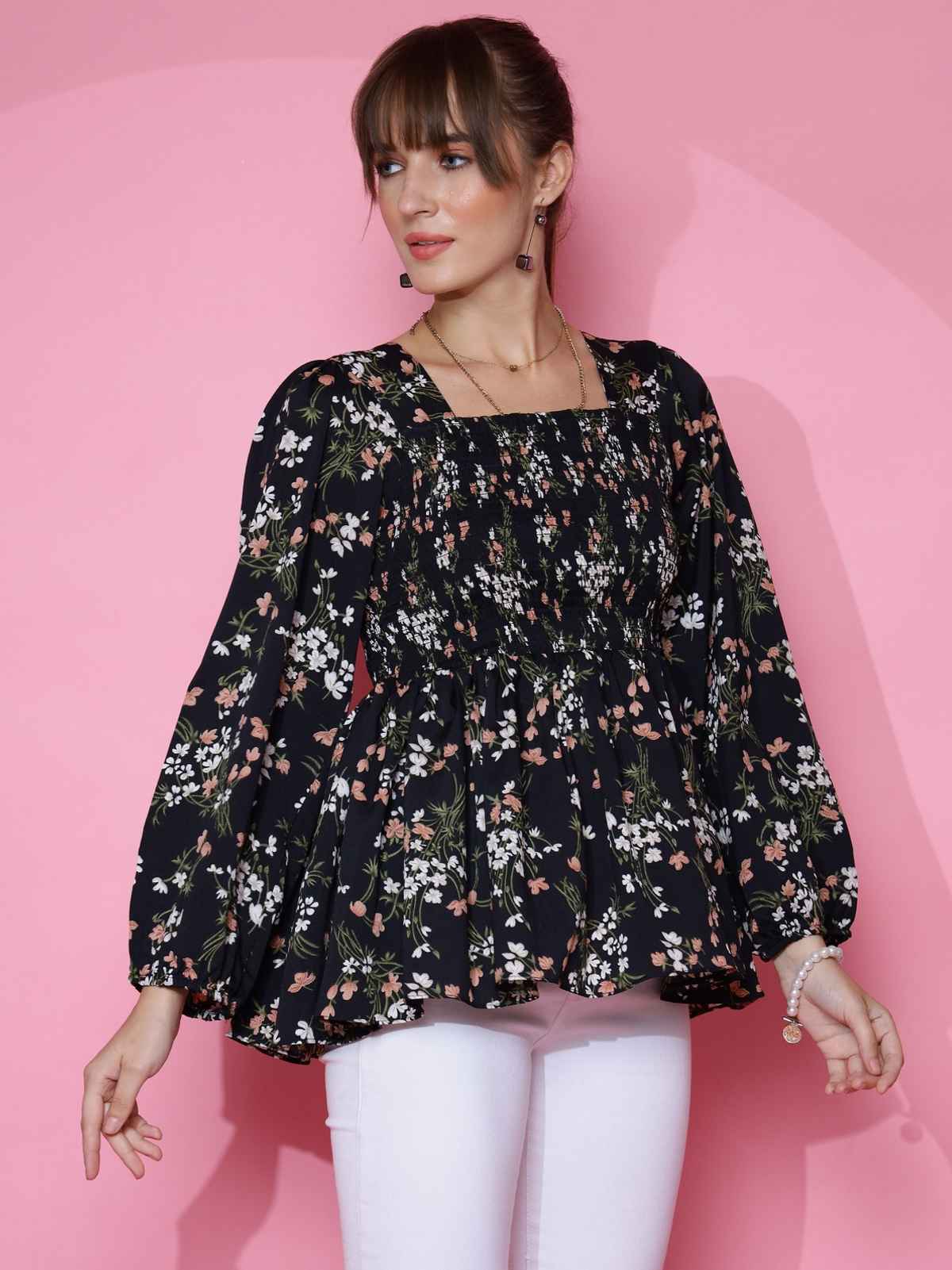 Sheetal Women's Bishop Sleeve Printed Top | 5101 | Black - S