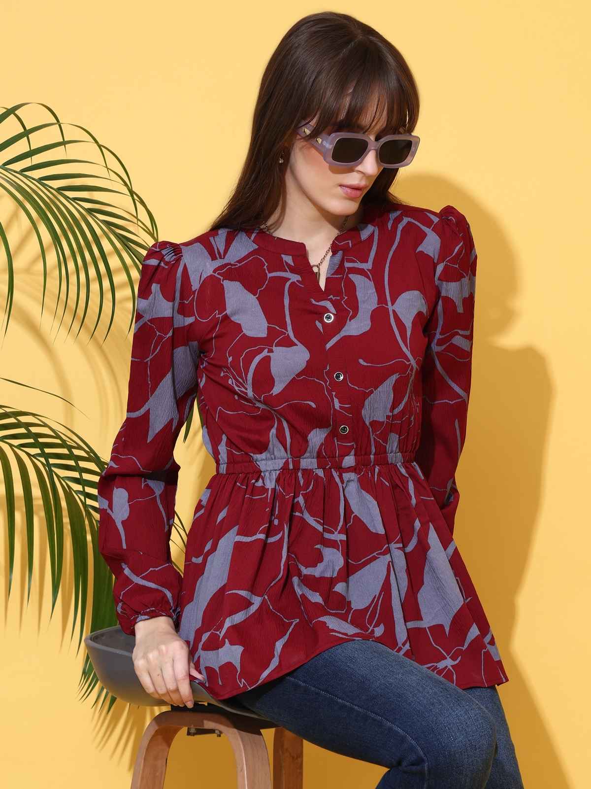 Sheetal Women's Floral Print Mandarin Collar Crepe Top | 5207 | Maroon - L