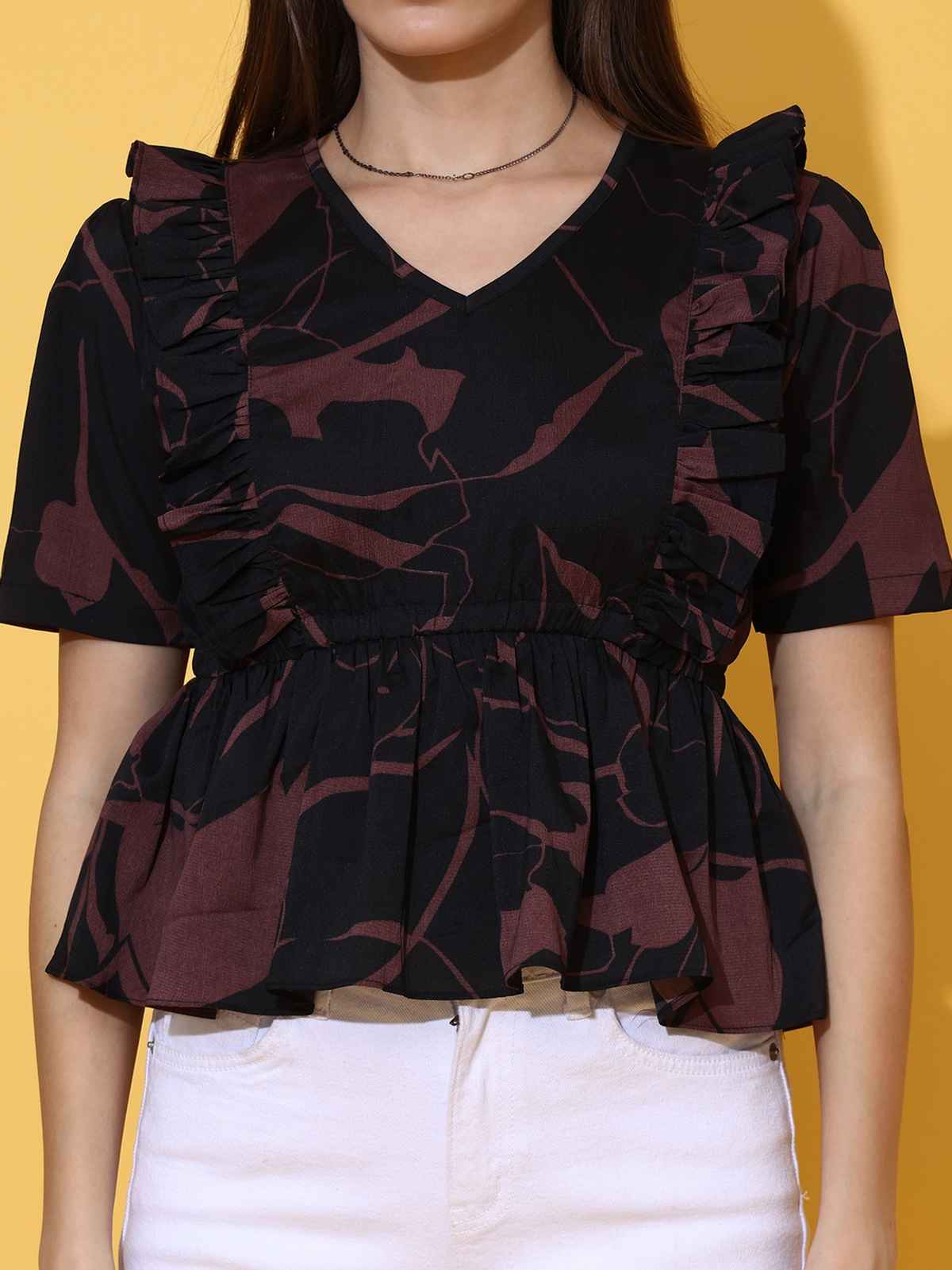 Sheetal Women's Floral Print Puff Sleeve Crepe Top | 5220 | Black - M
