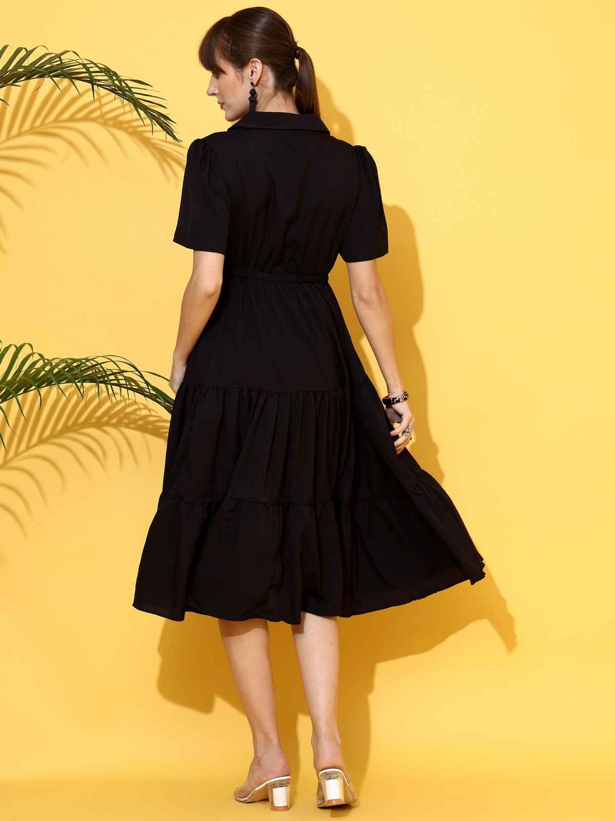Sheetal Women's Black Shirt Collar Fit And Flare Midi Dress | 11621 | Black - XL