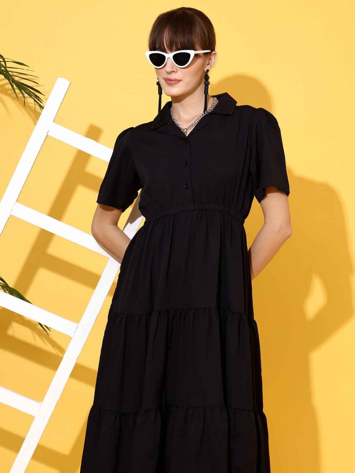 Sheetal Women's Black Shirt Collar Fit And Flare Midi Dress | 11621 | Black - XL