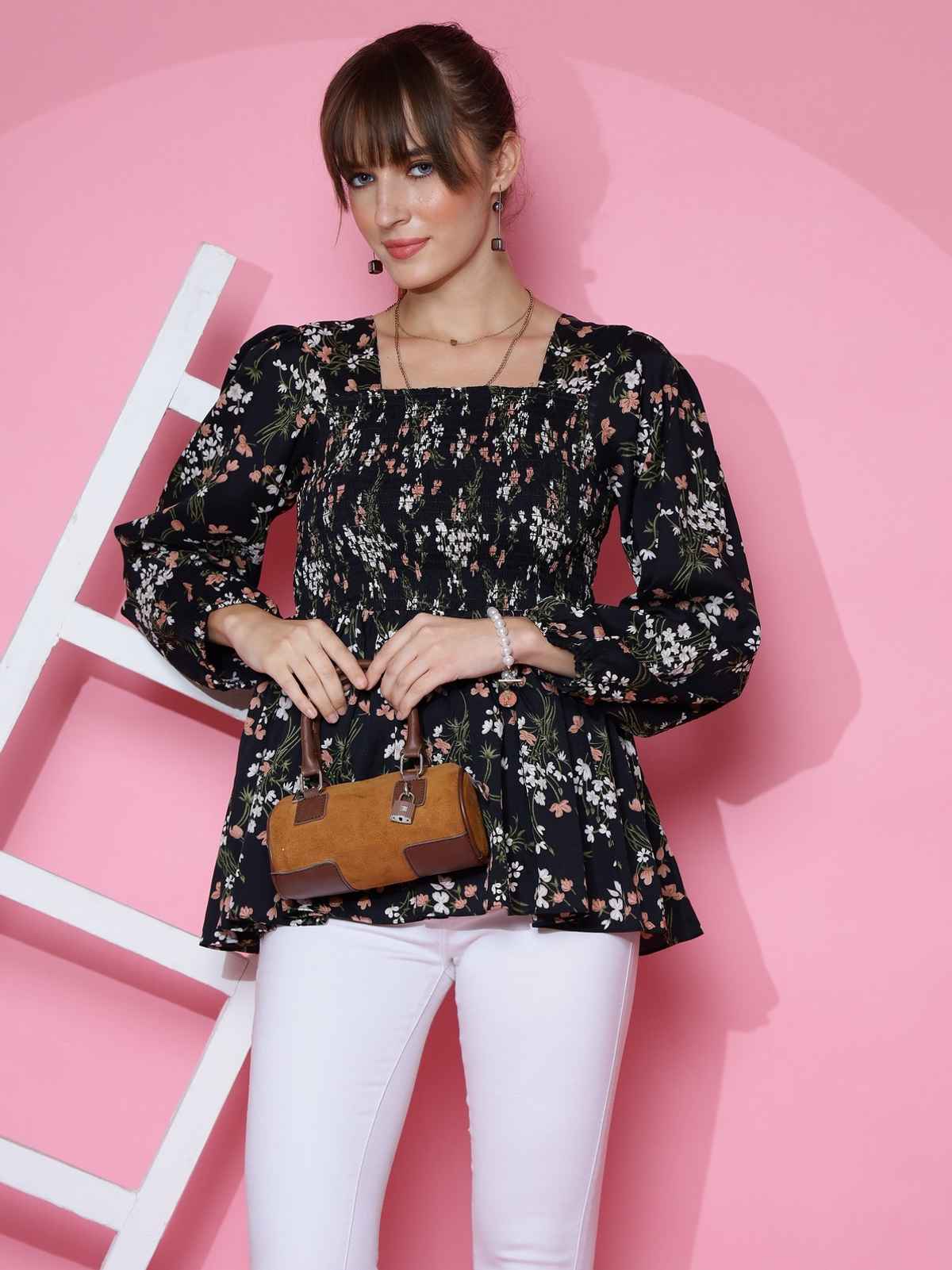 Sheetal Women's Bishop Sleeve Printed Top | 5101 | Black - S