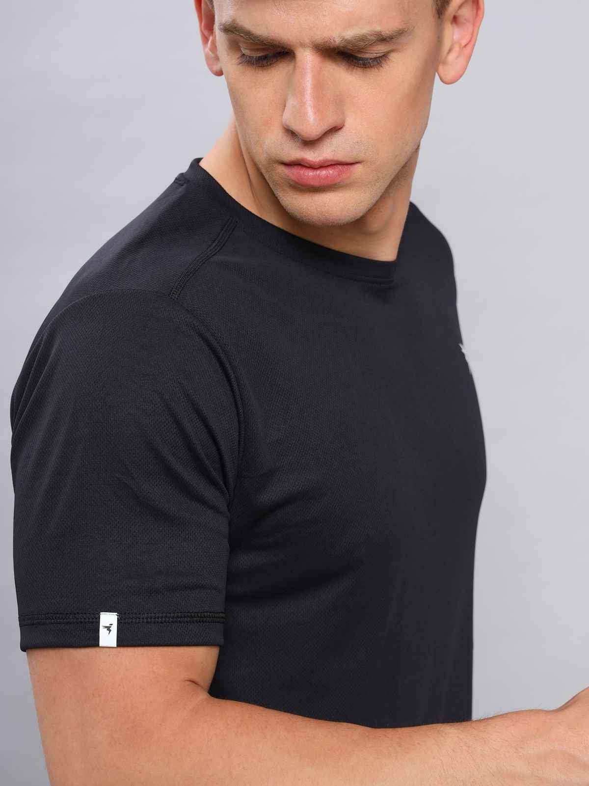 Technosport Men's Poly Solid Slim Fit Round Neck Sports T-shirt | Black - L