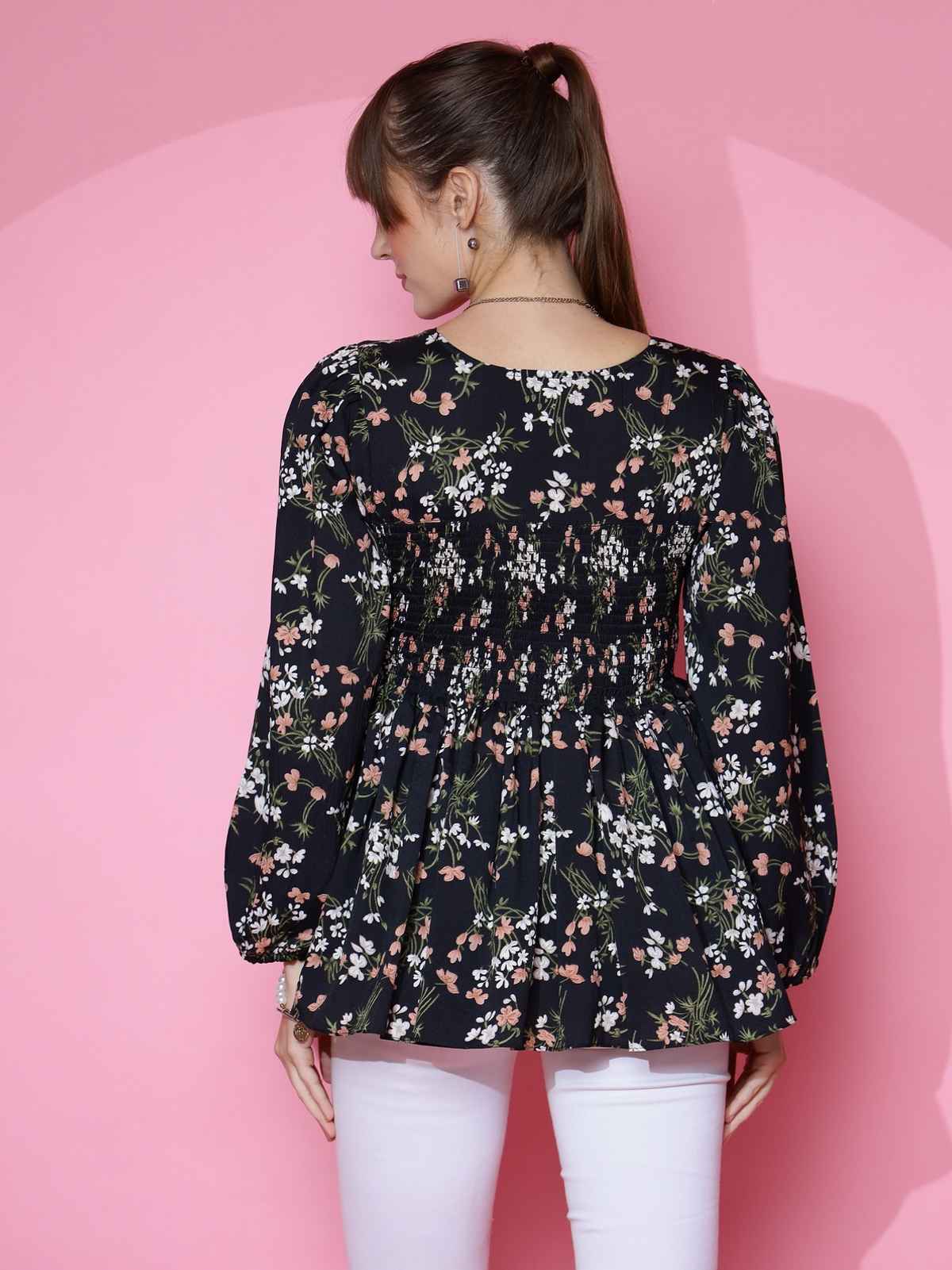 Sheetal Women's Bishop Sleeve Printed Top | 5101 | Black - S