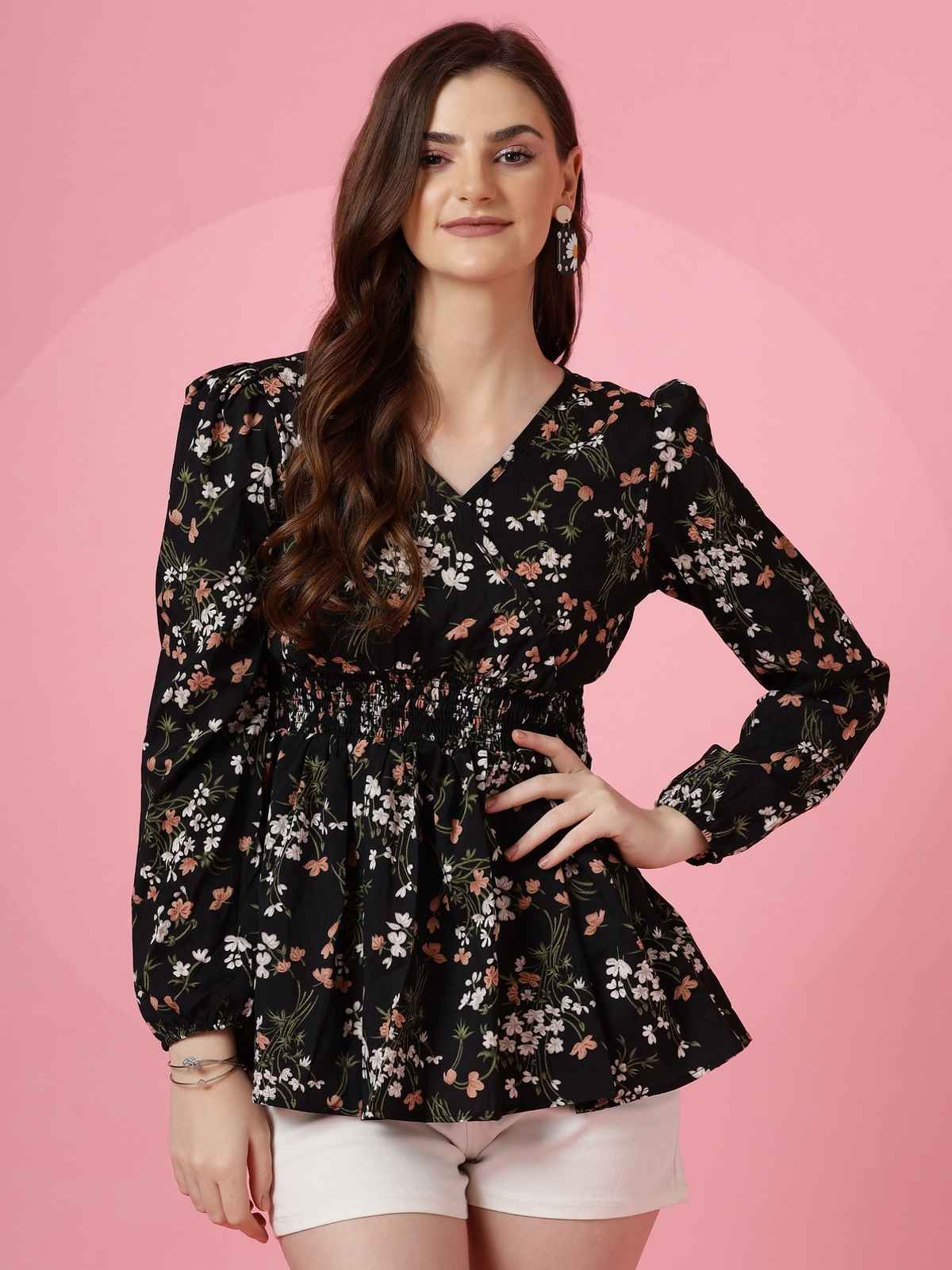 Sheetal Women's Puff Sleeves Floral Printed Top | 5111 | Black - M
