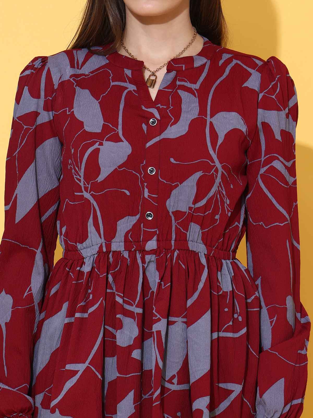 Sheetal Women's Floral Print Mandarin Collar Crepe Top | 5207 | Maroon - S