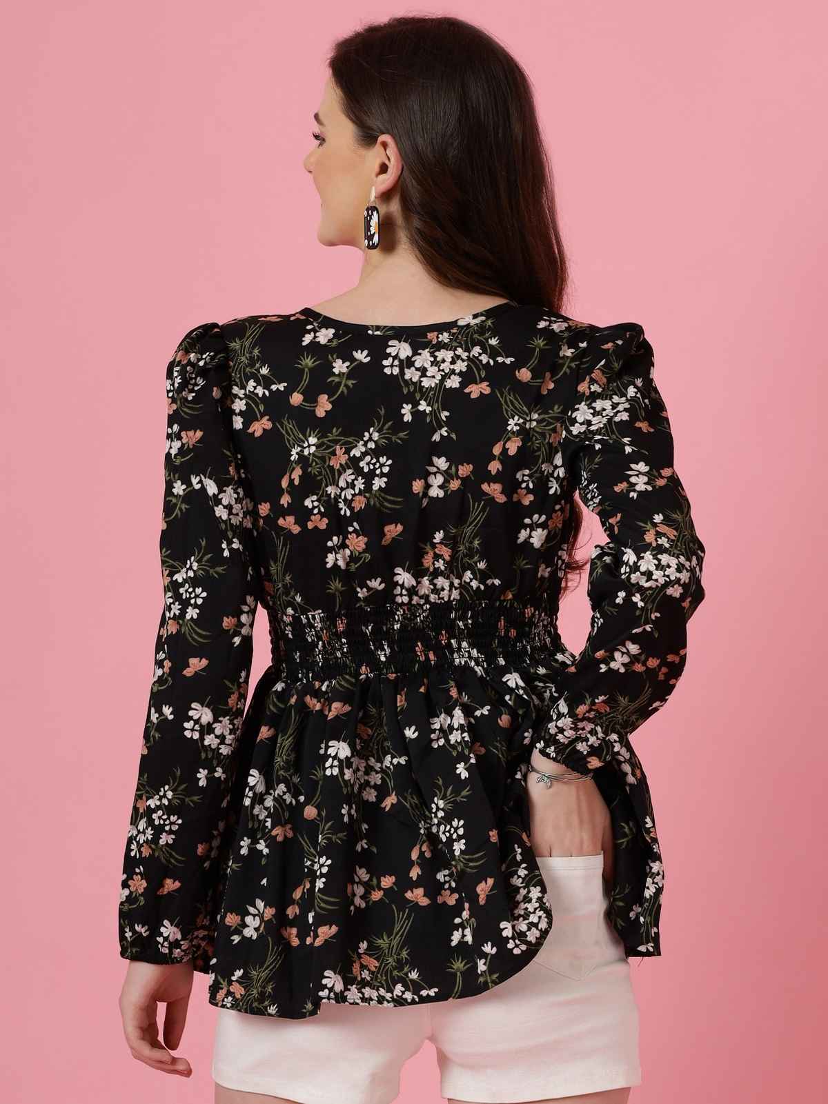 Sheetal Women's Puff Sleeves Floral Printed Top | 5111 | Black - S