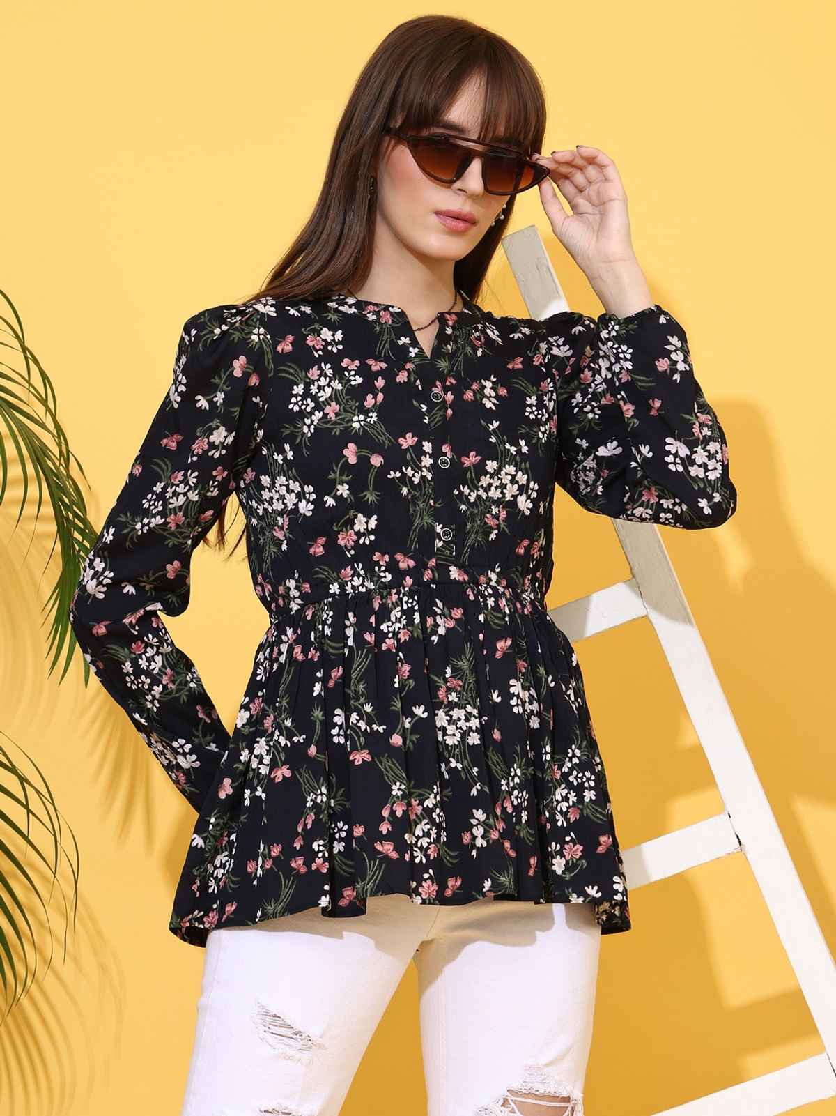 Sheetal Women's Floral Printed Mandarin Collar Top | 5201 | Black - XL