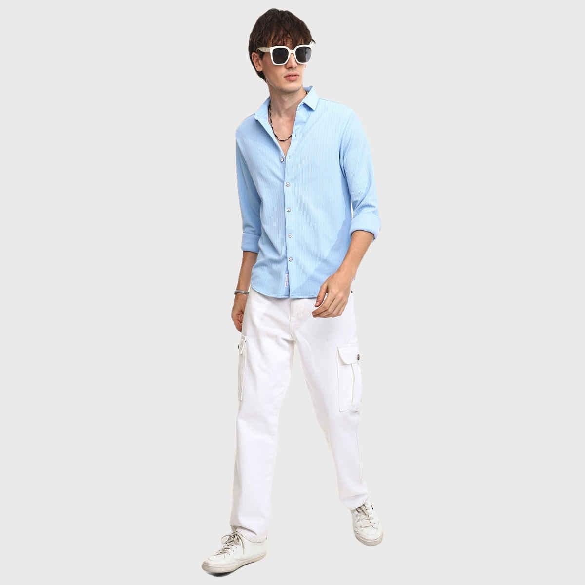 Campus Sutra Men's Stripe - Creased Shirt | Baby Blue - S