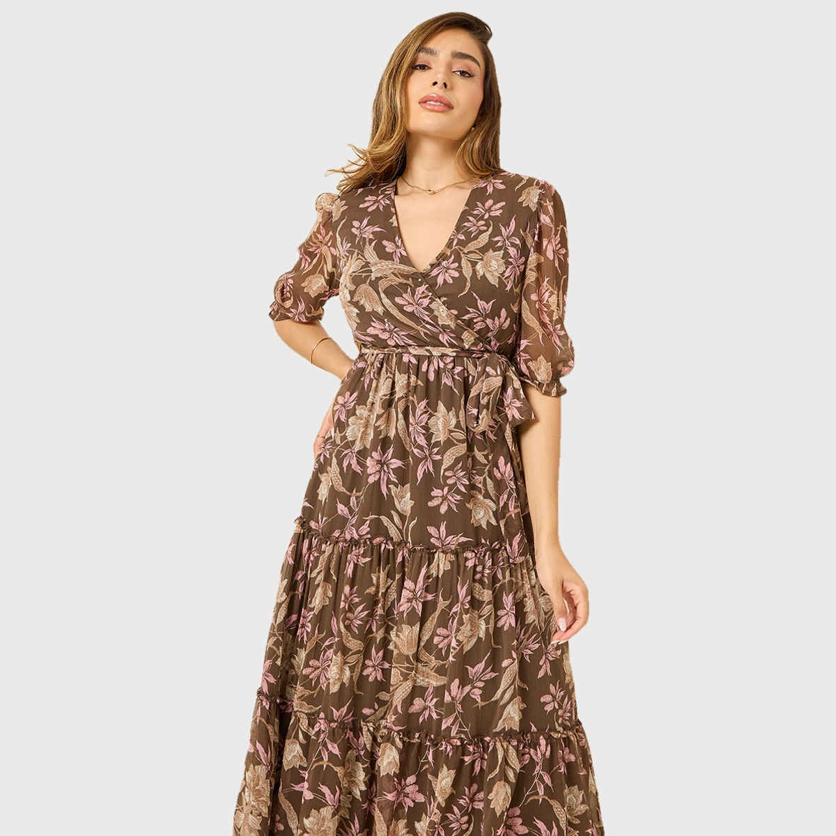 Styli Women's Wrap Maxi Dress with Frill Detail | Brown - M