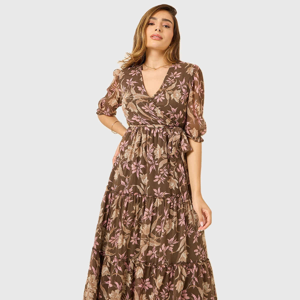 Styli Women's Wrap Maxi Dress with Frill Detail | Brown - S