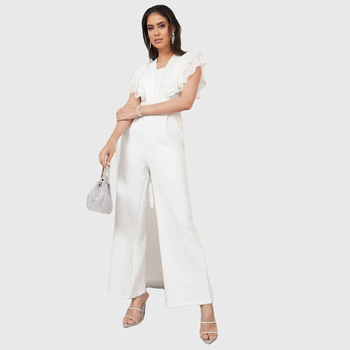 Styli Women's Wide Leg Jumpsuit with Ruffle Sleeves and Pleats | White - M