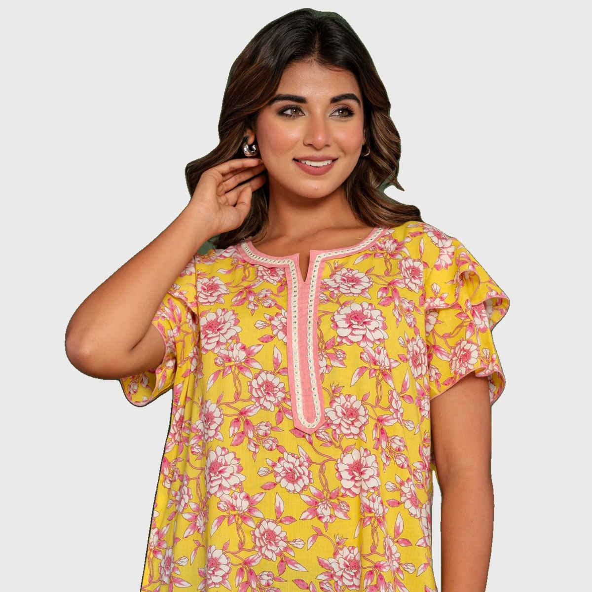 Nihsamah Women's Cotton Premium Printed Fancy Nighty | Full Length | Yellow - XL