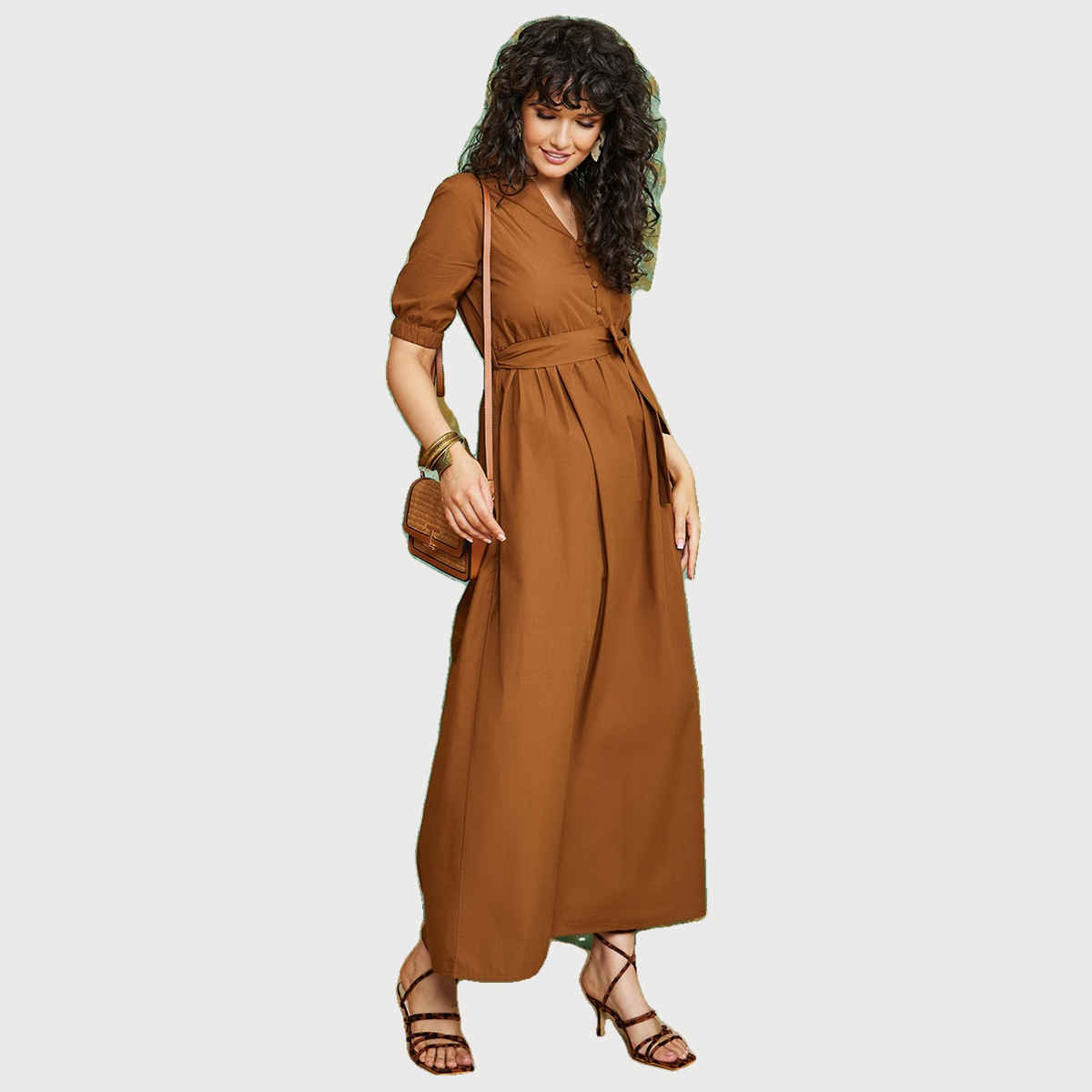 Styli Women's Maxi Dress with Button Detail and Self Tie | Brown - L