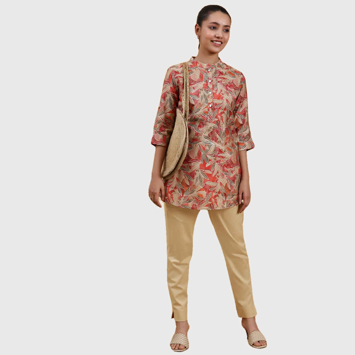 Libas Floral Printed Straight Women's Kurti With Short Button Placket | Beige | M