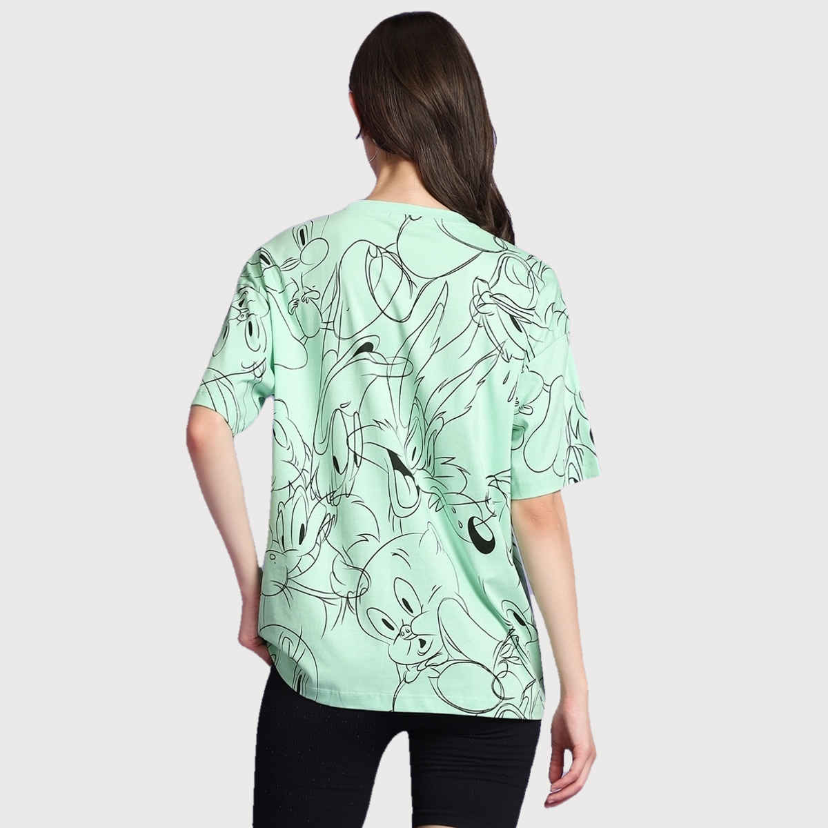 Bewakoof Looney Tunes Merchandise Women's All Over Printed Oversized T-shirt | Green - S
