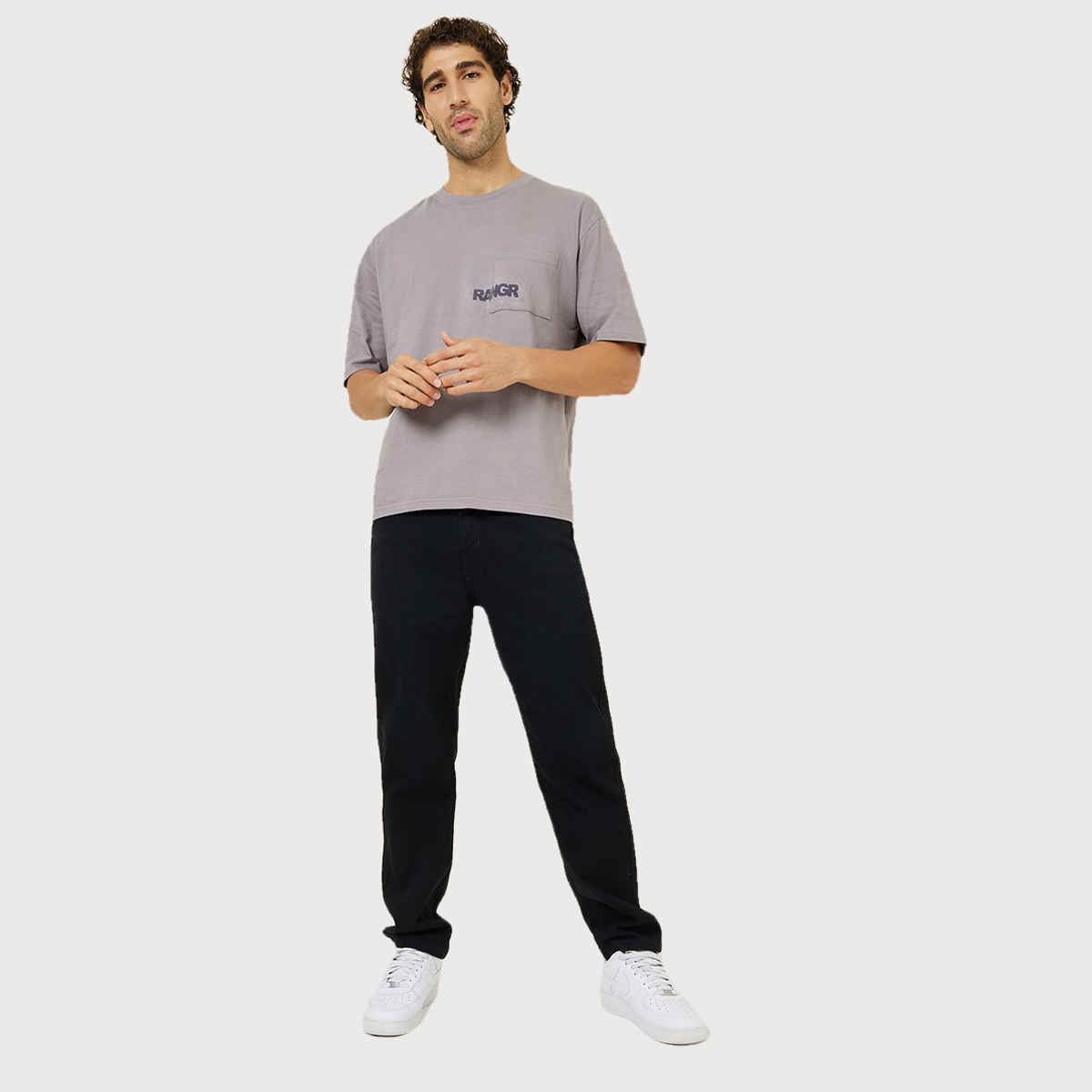 Styli Men's Oversized Fit Tee with Pocket Flock Print | Grey - M