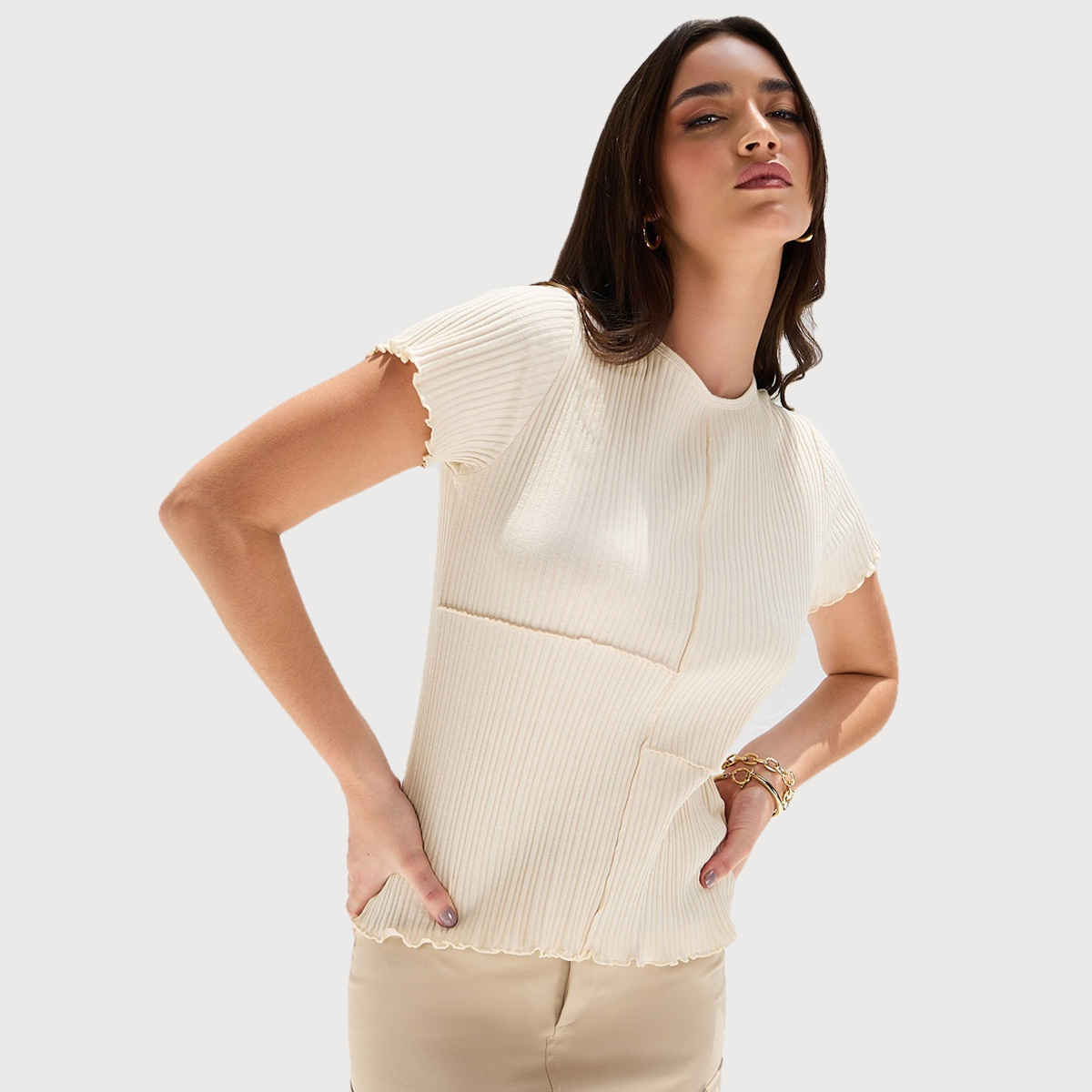 Styli Women's Regular Fit Ribbed T-shirt with Exposed Seam Detail | Beige - XL