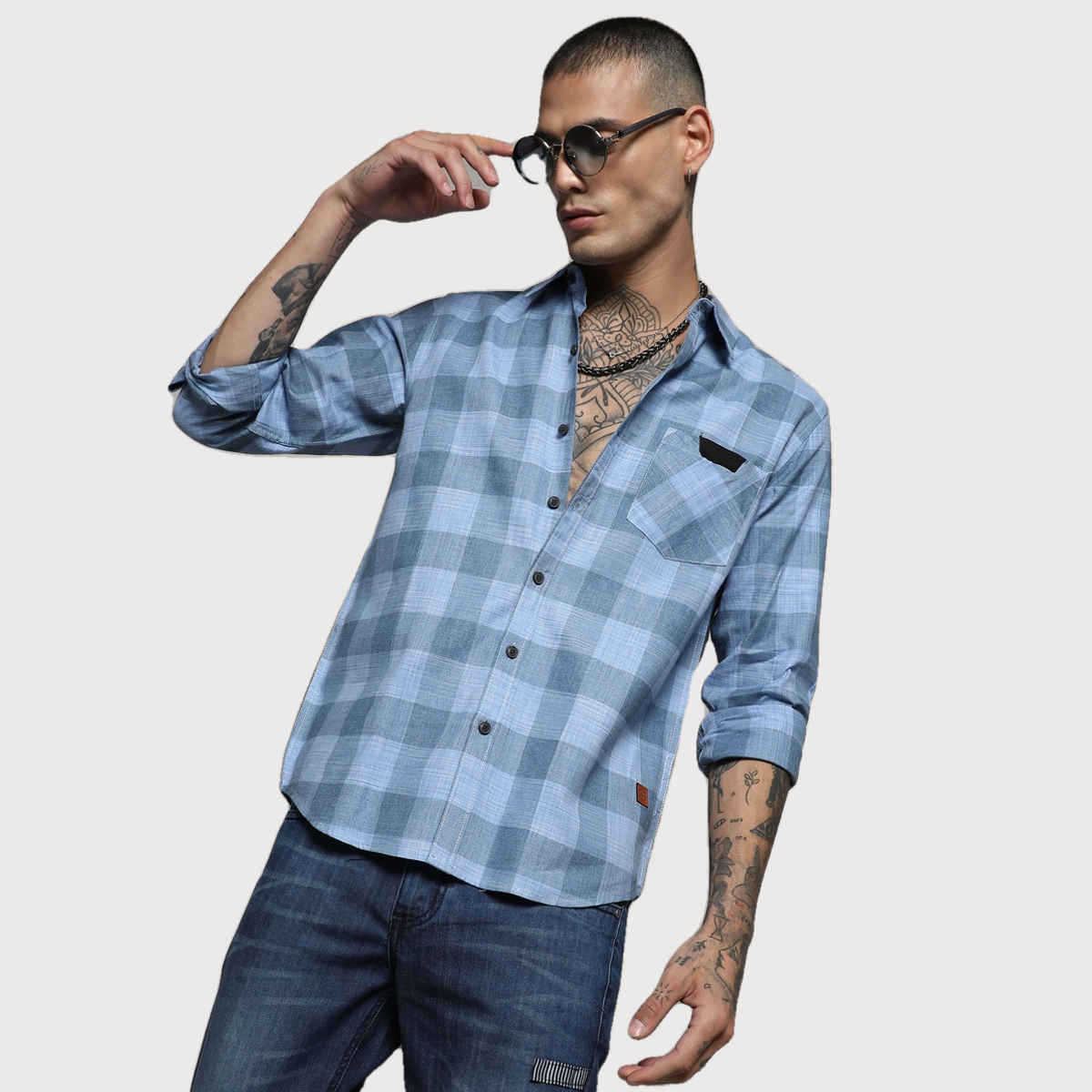 Campus Sutra Men's Cotton Checks Shirt | Blue - L