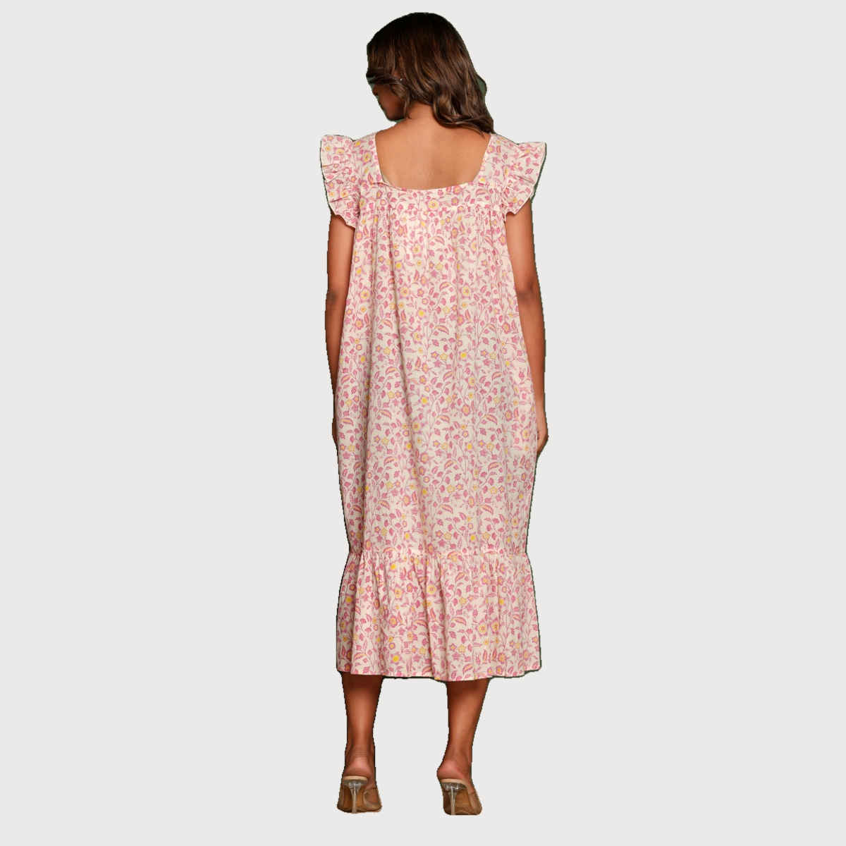 Nihsamah Women's Cotton Floral Printed Midi Frock Nighty | Midi Length | Off White - XL