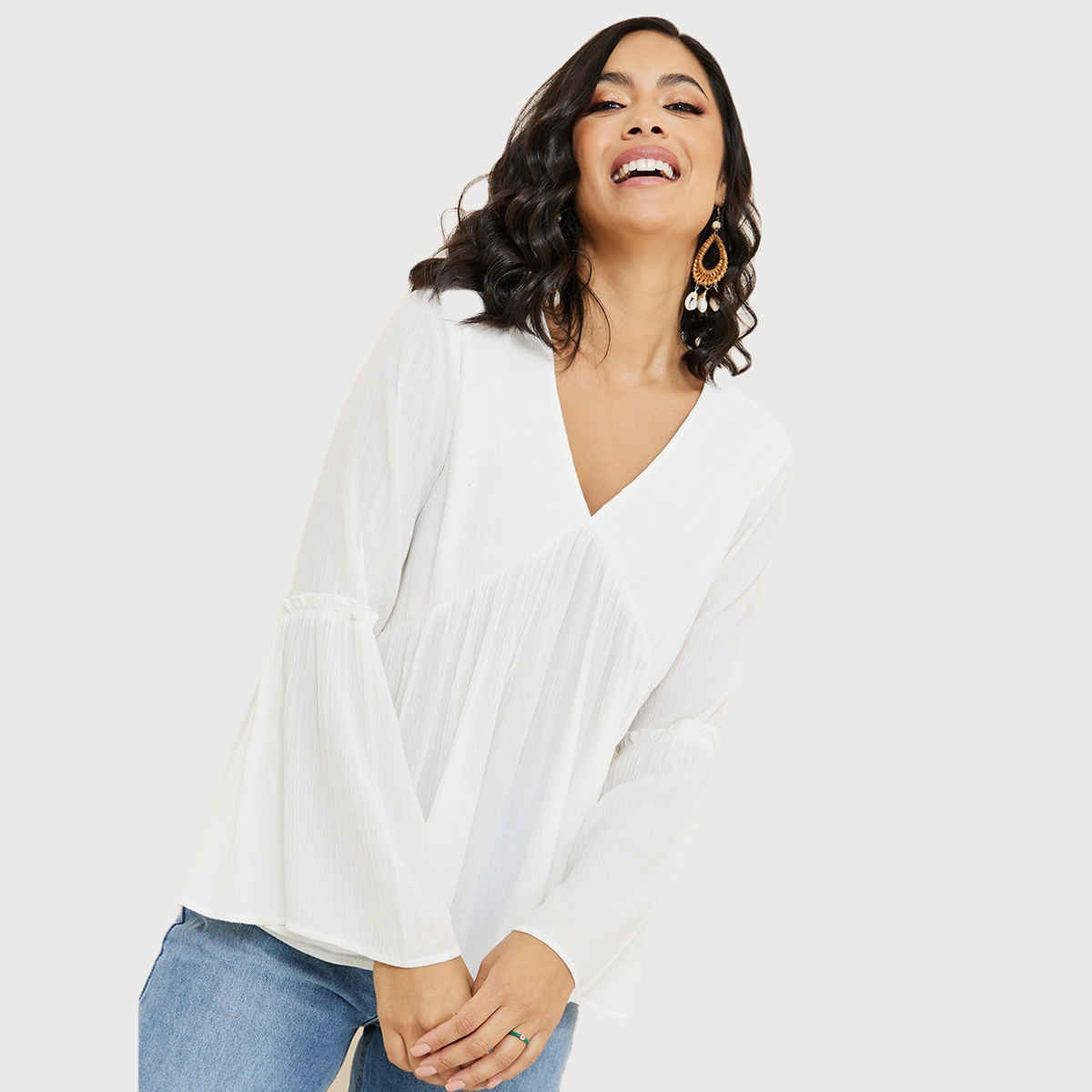 Styli Women's A-Line Top with V-Neck and Bell Sleeves | White - M