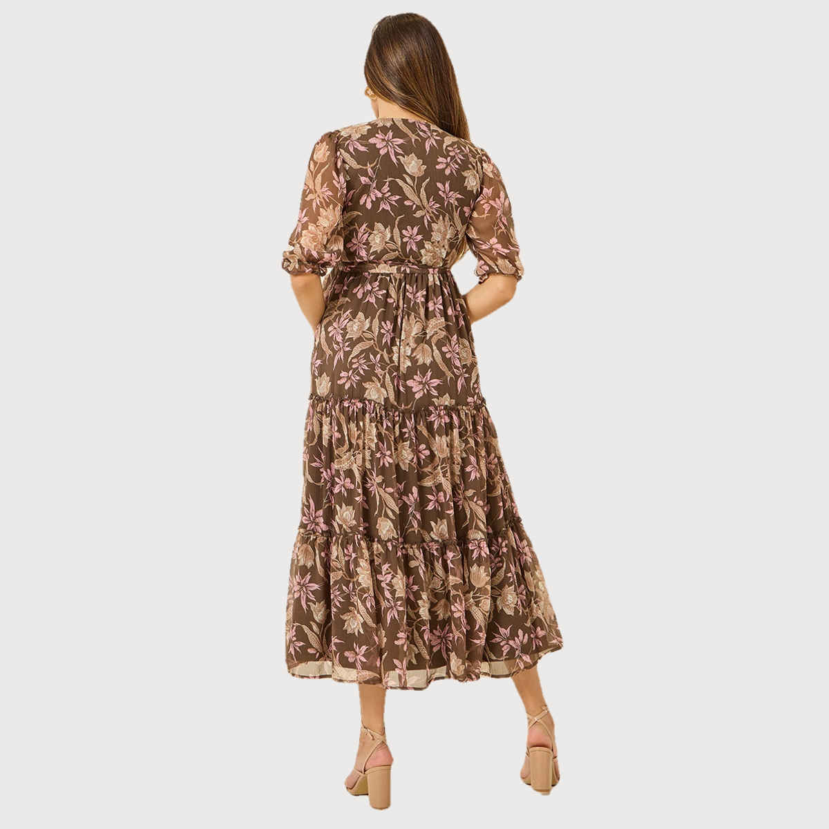 Styli Women's Wrap Maxi Dress with Frill Detail | Brown - M