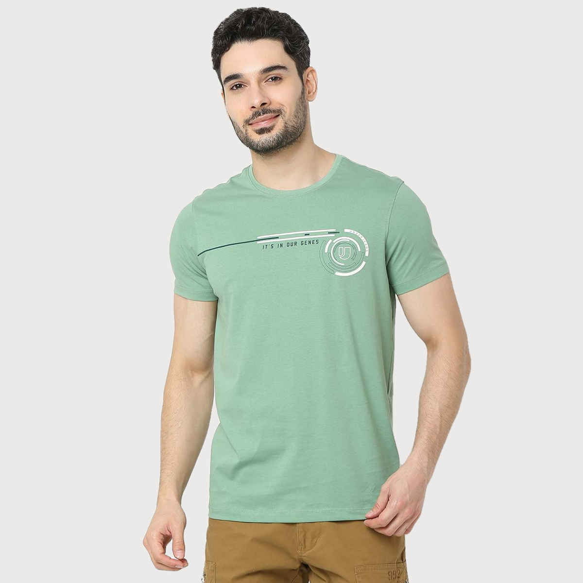 Underjeans by Spykar Men Pure Cotton T-shirt | Sage Green - XL