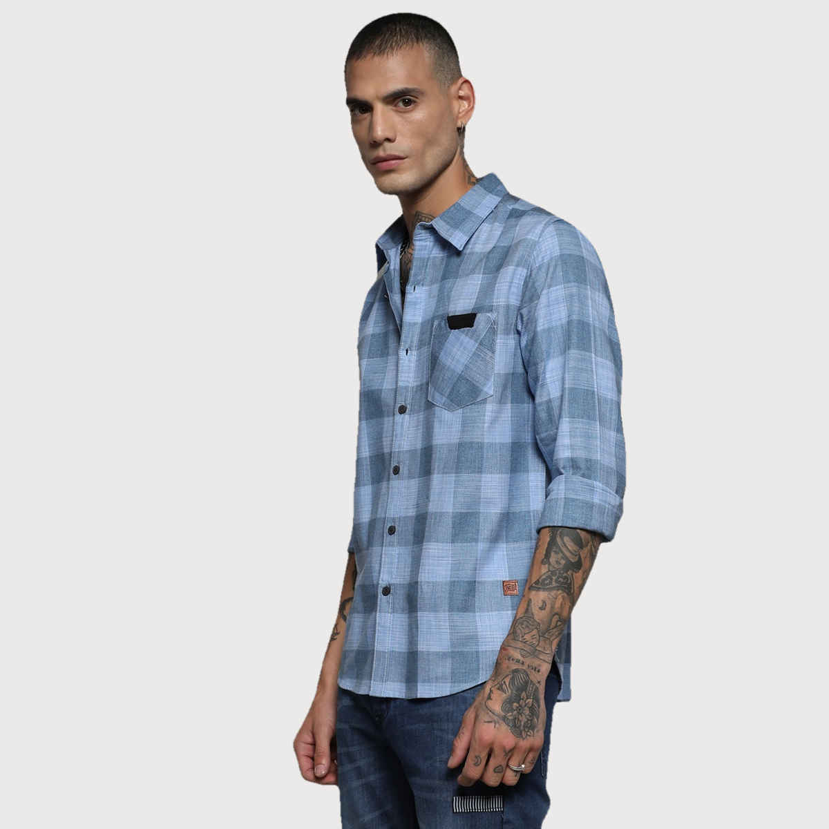 Campus Sutra Men's Cotton Checks Shirt | Blue - L