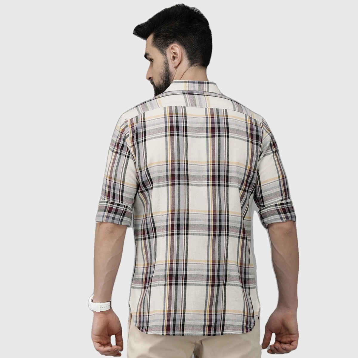 The Bear House Men Slim Fit Checked Flannel Cotton Casual Shirt - Fresia | White and Purple | M