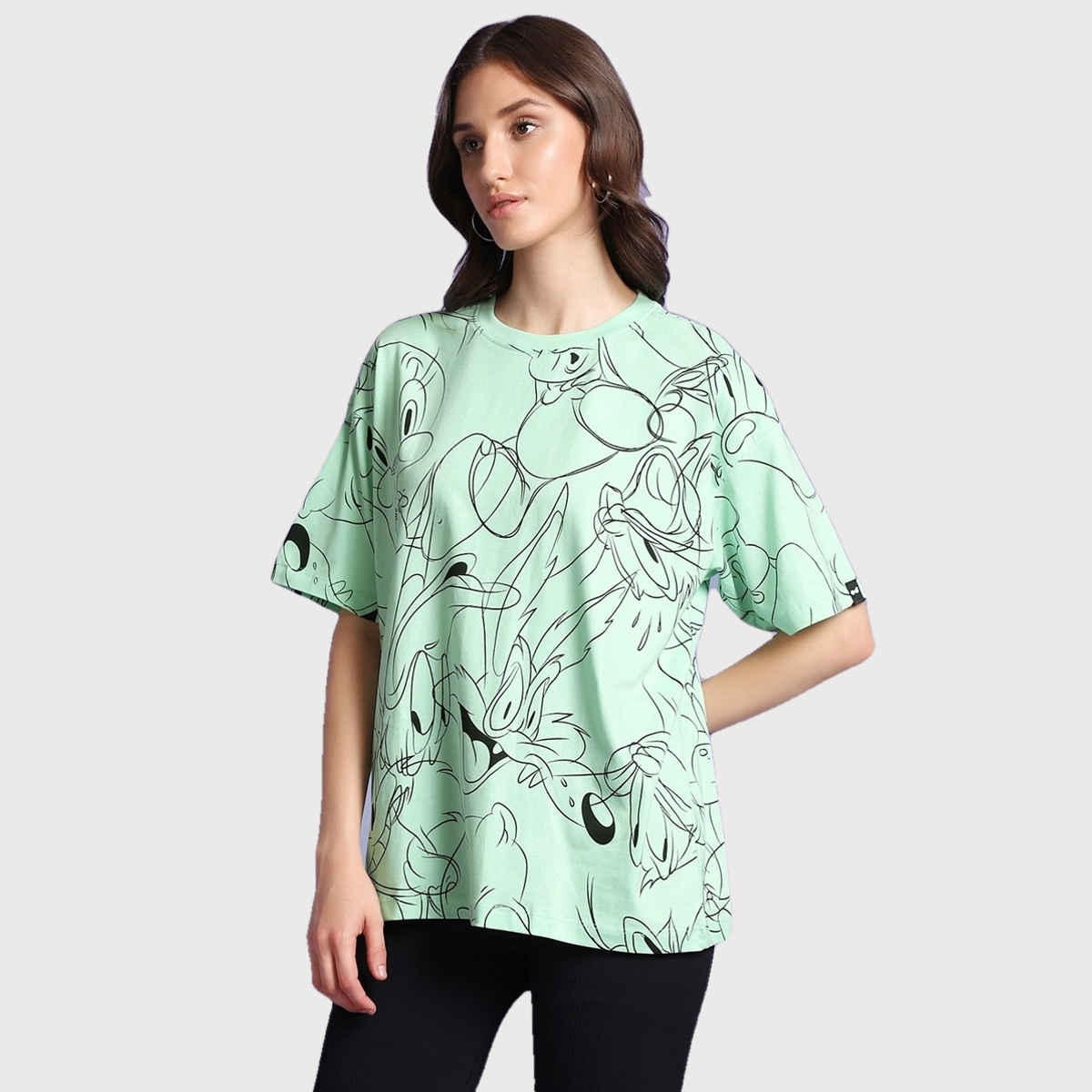 Bewakoof Looney Tunes Merchandise Women's All Over Printed Oversized T-shirt | Green - S