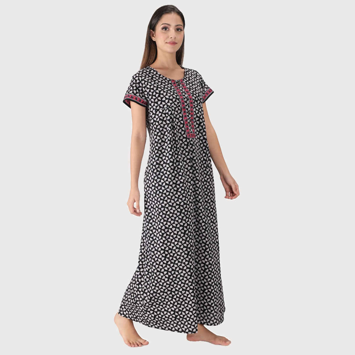 Nihsamah Women's Cotton Essential Button-Up Nighty | Full Length | Black & White - L