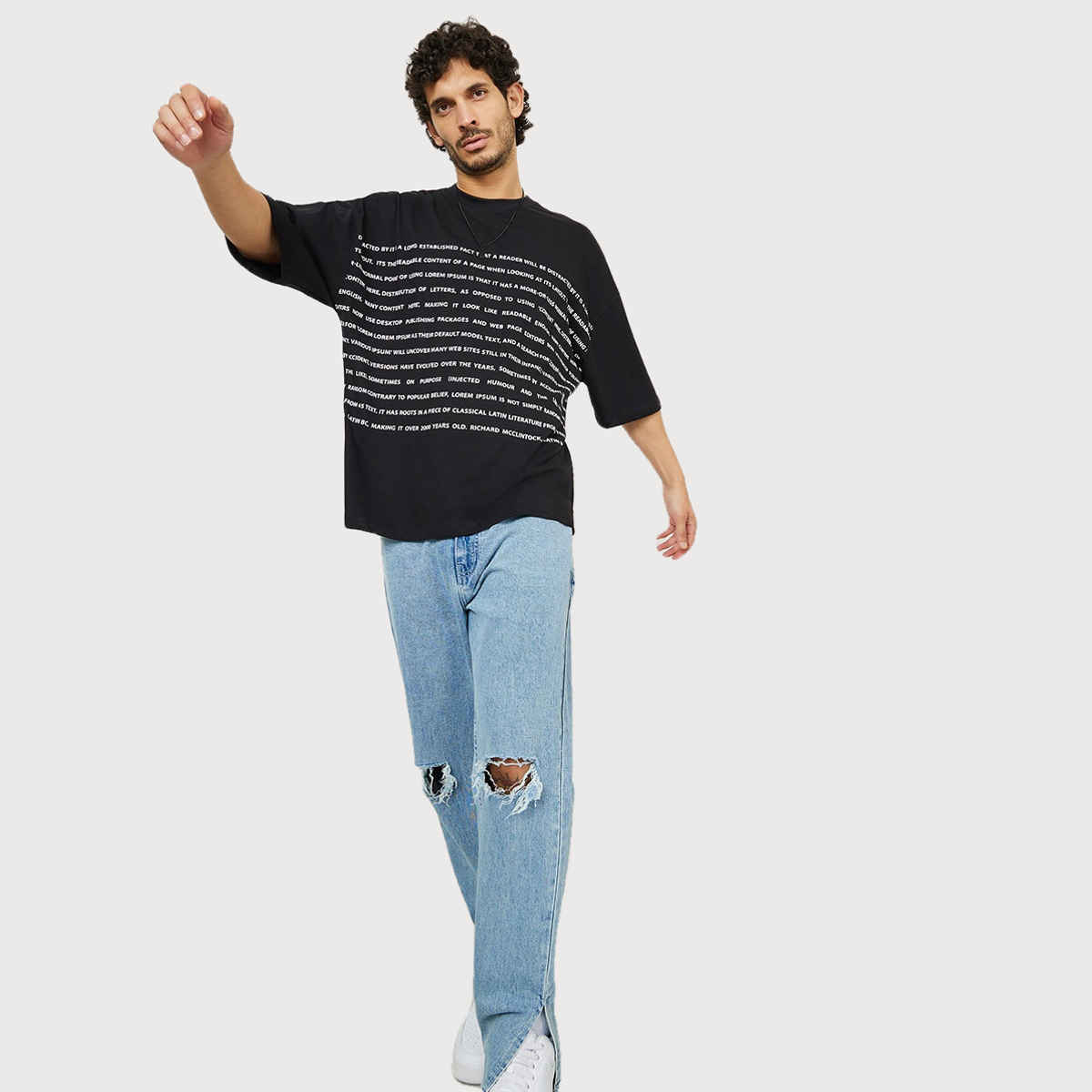 Styli Men's Boxy Fit Tee with Front and Back Text Print | Black - S