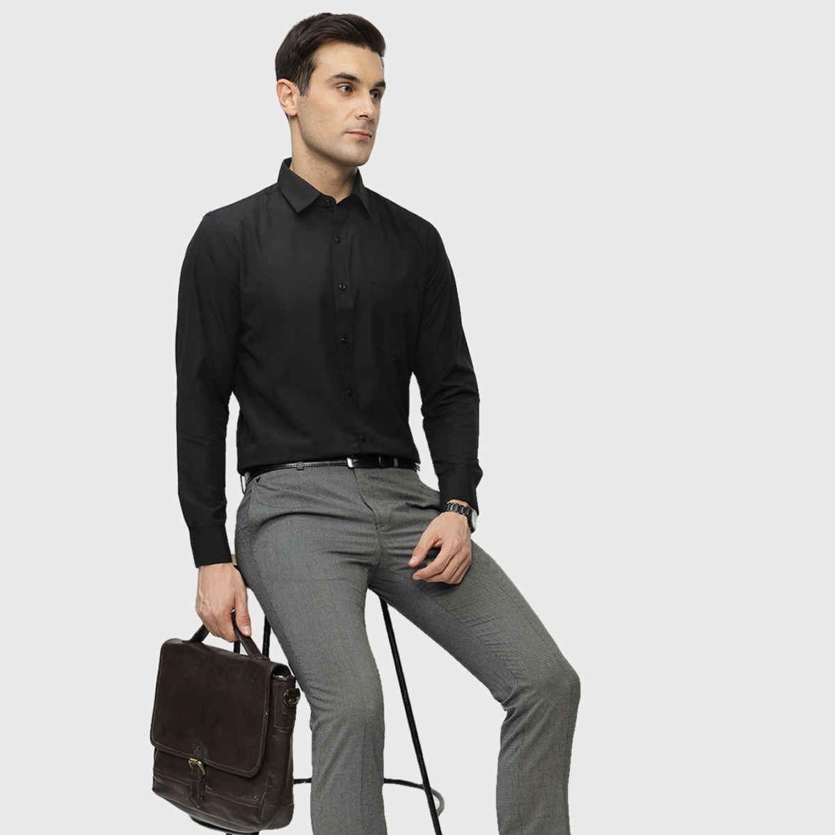 English Navy Men's Polyester Solid Slim Fit Formal Shirt | Black - S