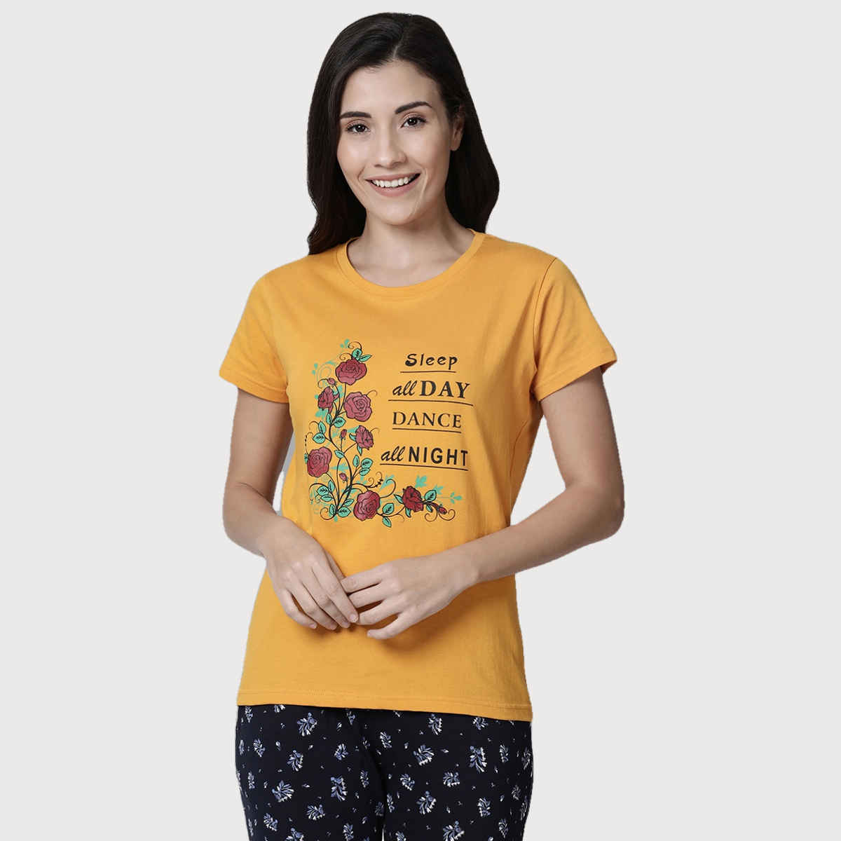Kryptic Women's Printed Cotton Lounge T-shirt | Mustard - M