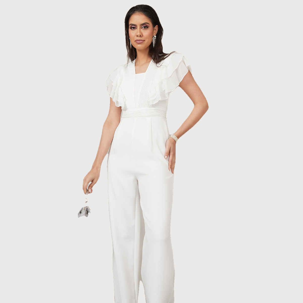 Styli Women's Wide Leg Jumpsuit with Ruffle Sleeves and Pleats | White - M